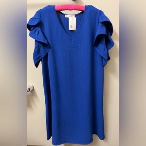 NWT FSL Apparel Royal V-neck Blue Ruffle Sleeve Flow Dress. Size Medium